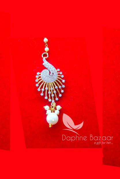 MAG31, Daphne Zircon Carving Maang Tikka with Pearls for Women Closeup View
