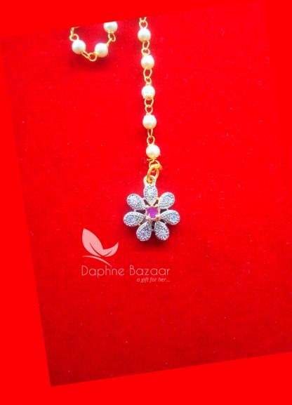 MAG32, Daphne Zircon Carving Maang Tikka with Pearls for Women Side View