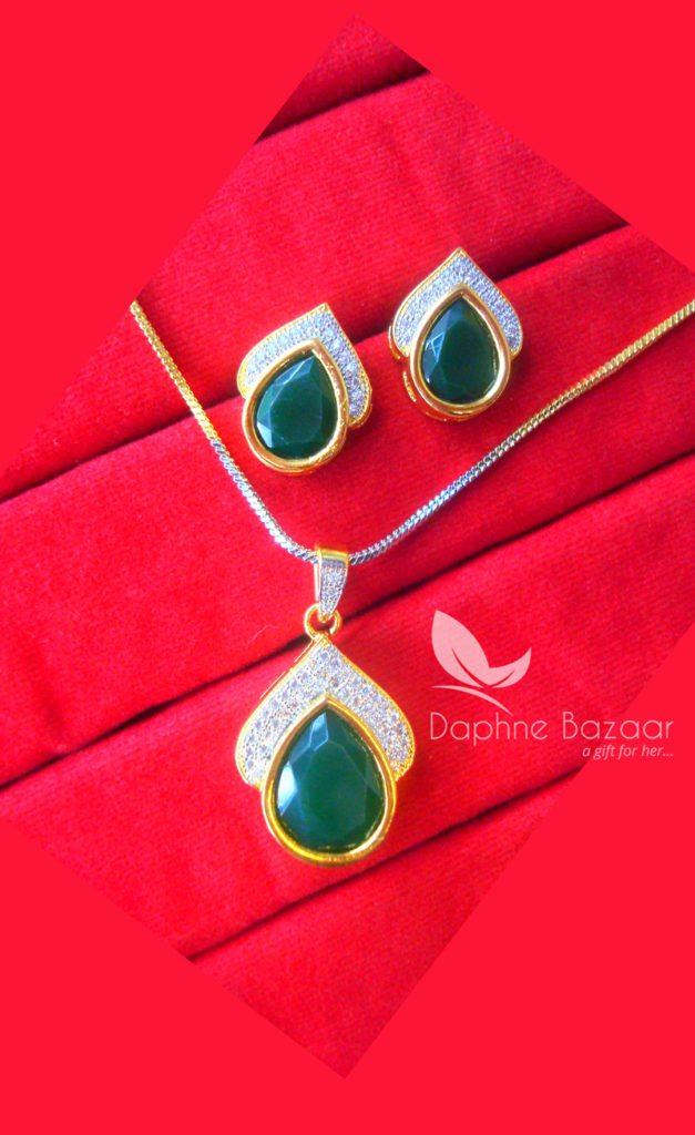 PE28, Daphne Pine Green Zircon Studded Pendant Earrings for Women