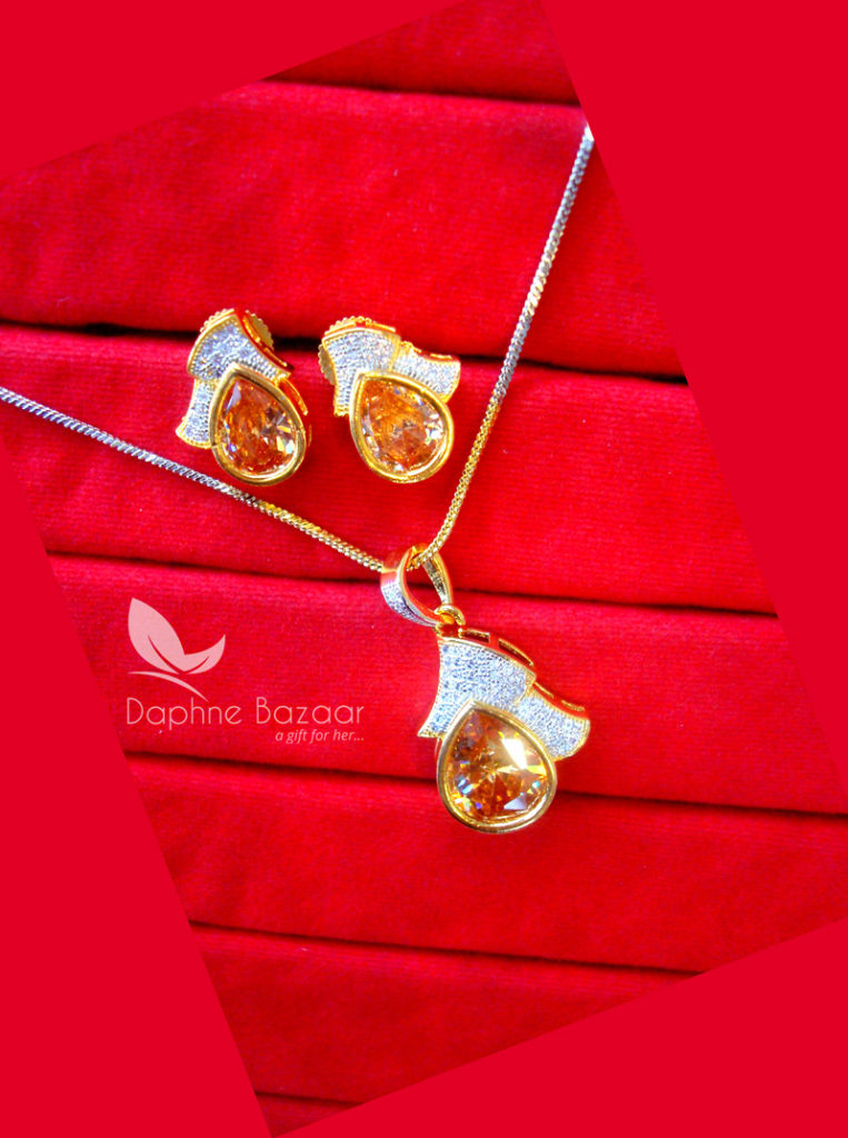 PE31, Daphne Amber Zircon Studded Pendant Earrings for Women