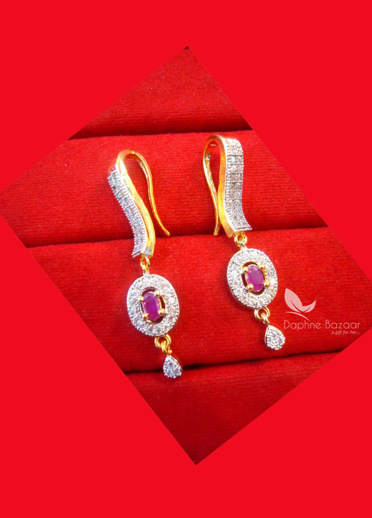 E96, Daphne Pink Crystal Hanging Earring set for Valentine Gift collection for women SIDE LOOK