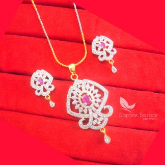 PE51, Daphne Zircon Studded Flora Pendant Earrings Set for Women