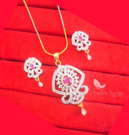 PE51, Daphne Zircon Studded Flora Pendant Earrings Set for Women