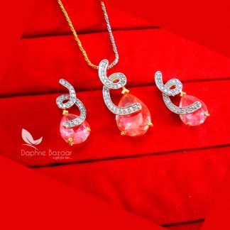 PE85, Daphne Rose Pink Zircon Studded Pendant With Earrings for Women