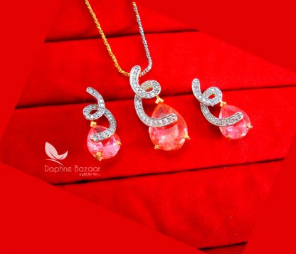 PE85, Daphne Rose Pink Zircon Studded Pendant With Earrings for Women