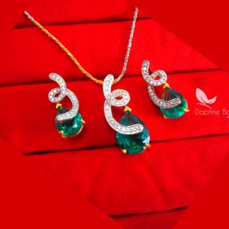 PE90, Daphne Green Zircon Studded Pendant with Earrings for Women