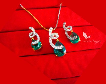 PE90, Daphne Green Zircon Studded Pendant with Earrings for Women