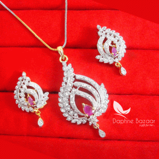 PE98, Daphne Pink Flora Designer Zircon Pendant Set for Women