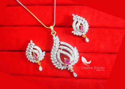 PE98, Daphne Pink Flora Designer Zircon Pendant Set for Women