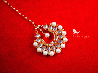 MAG47, Daphne Traditional Kundan Carving Maang Tikka with Pearls For Women - closer view