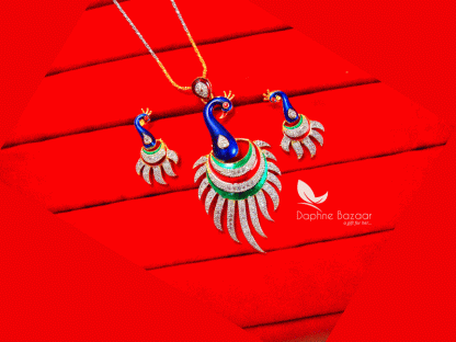 Z76, Daphne Rich Zircon Peacock Meenakari Pendant and Earrings, Gift for Wife