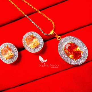 ADS11, Daphne Amber Zircon Oval Pendant and Earrings, Anniversary Gift for Women