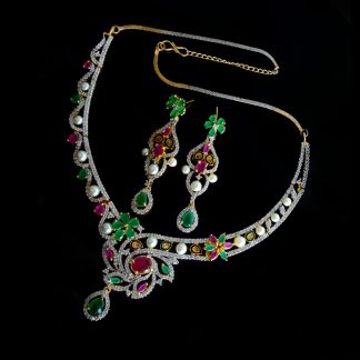 NC51 Daphne Zircon Gold & Silver Tone With Magenta Green Stone Bridal Necklace