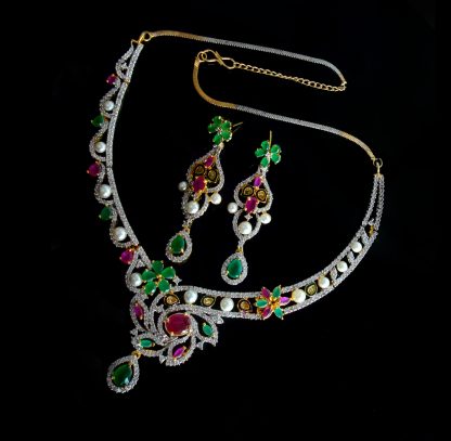 NC51 Daphne Zircon Gold & Silver Tone With Magenta Green Stone Bridal Necklace