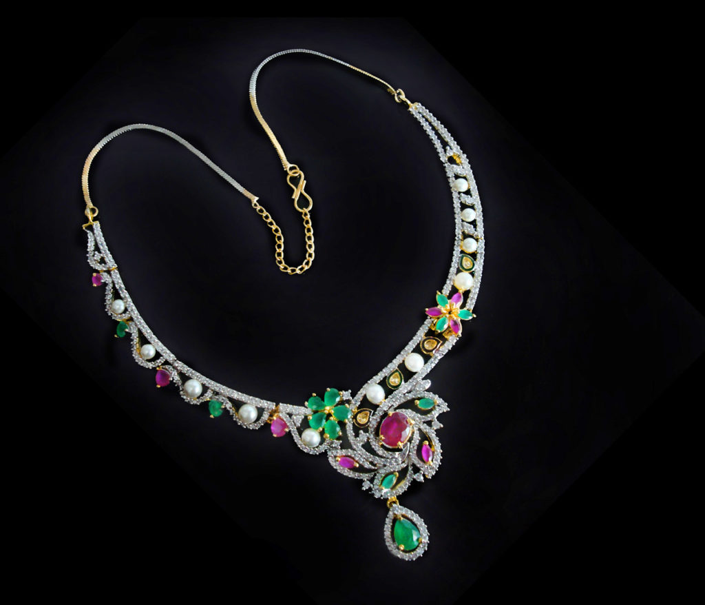 NC51 Daphne Zircon Gold & Silver Tone With Magenta Green Stone Bridal Necklace