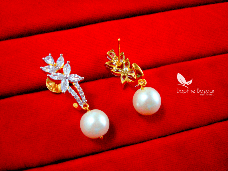 ZE27, Daphne Zircons Studded Pearl Droplet Earrings for women back view