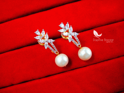 ZE27, Daphne Zircons Studded Pearl Droplet Earrings for women closer view