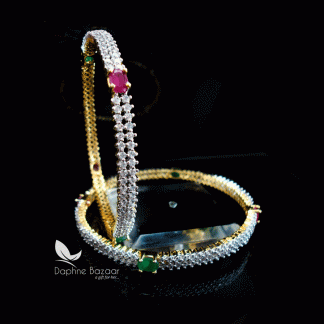 B70, Daphne Two Layer Zircon Studded Pink and Green Stone Bangle for women