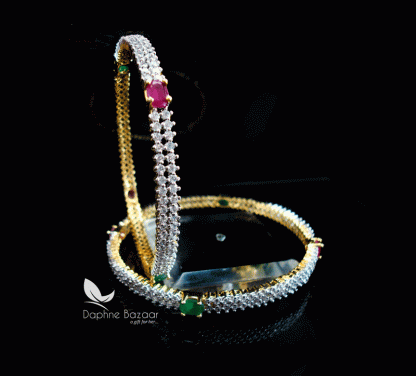 B70, Daphne Two Layer Zircon Studded Pink and Green Stone Bangle for women