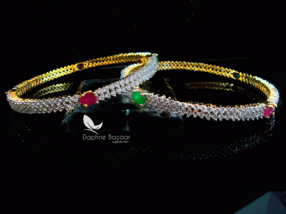 B70, Daphne Two Layer Zircon Studded Pink and Green Stone Bangle for women - front view 2