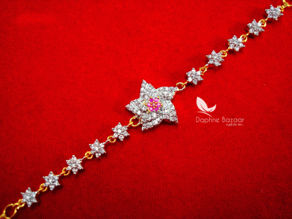 BR46, Daphne Pink Zircon Star Shaped Gold plated Rakhi Bracelet for Raksha bandhan