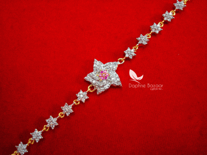 BR46, Daphne Pink Zircon Star Shaped Gold plated Rakhi Bracelet for Raksha bandhan (closer view)