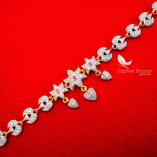BR47, Daphne Pink Zircon Heart Gold plated Rakhi Bracelet For Raksha Bandhan