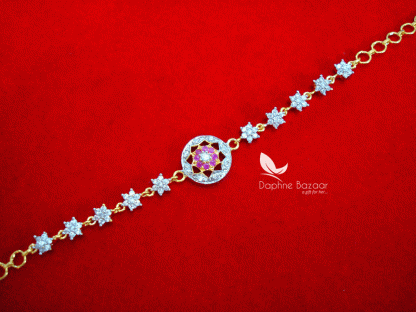 BR48, Daphne Pink Zircon Gold Silver plated Rakhi Bracelet For Raksha Bandhan