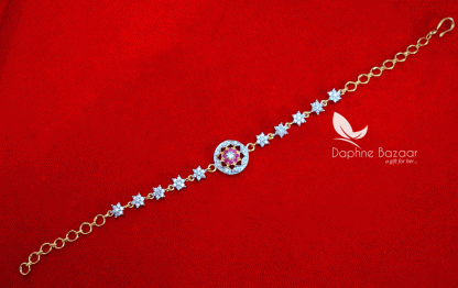 BR48, Daphne Pink Zircon Gold Silver plated Rakhi Bracelet For Raksha Bandhan (full view)