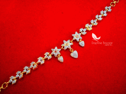 BR50, Daphne Pink Zircon Flora Gold plated Rakhi Bracelet For Raksha Bandhan(closer view