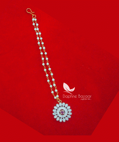 MAG50, Daphne Pink Zircon Carving Maang Tikka with Pearls for Women (full view)