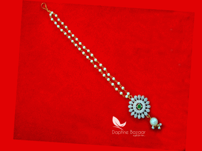 MAG52, Daphne Green Zircon Carving Maang Tikka with Pearls for Women