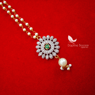 MAG52, Daphne Green Zircon Carving Maang Tikka with Pearls for Women (closer view)
