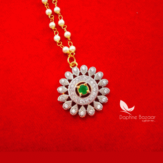 MAG53, Daphne Green Zircon Carving Maang Tikka with Pearls for Women( closer view)