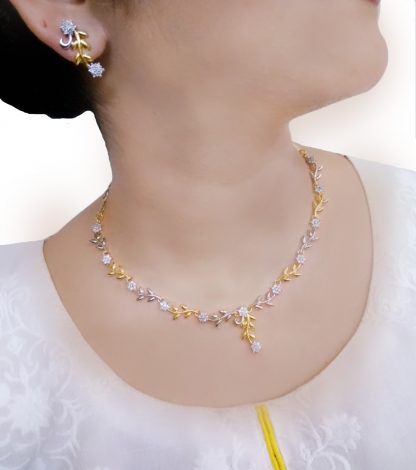NC18, Daphne Handmade Flora Golden Silver Zircon Necklace Earring for Women