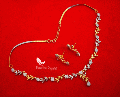 NC18, Daphne Handmade Flora Golden Silver Zircon Necklace and Earrings for Women