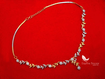 NC18, Daphne Handmade Flora Golden Silver Zircon Necklace for Women (full view)
