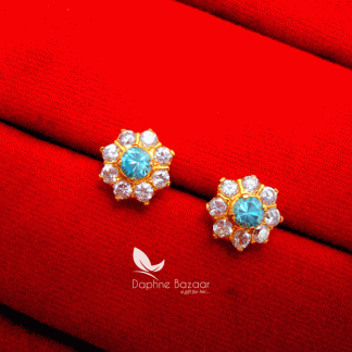 TE11, Daphne Stone Studded Flower Shape Tops Earrings-Sky Blue