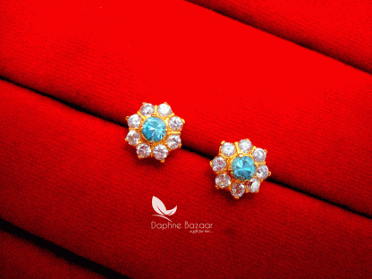 TE11, Daphne Stone Studded Flower Shape Tops Earrings-Sky Blue