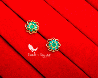 TE12, Daphne Stone Studded Flower Shape Tops Earrings-Green