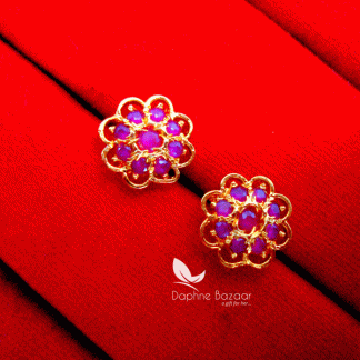 TE12, Daphne Stone Studded Flower Shape Tops Earrings-Pink