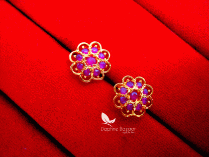 TE12, Daphne Stone Studded Flower Shape Tops Earrings-Pink