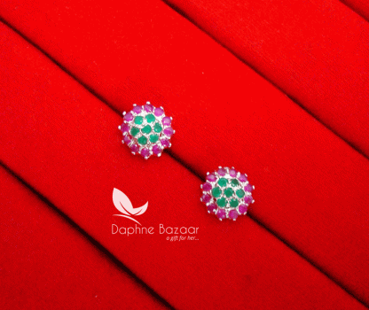 TE13, Daphne Stone Studded Flower Shape Tops Earrings - Green Magenta