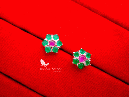 TE13, Daphne Stone Studded Flower Shape Tops Earrings-Magenta Green