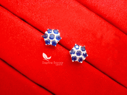 TE13, Daphne Stone Studded Flower Shape Tops Earrings-Navy Blue