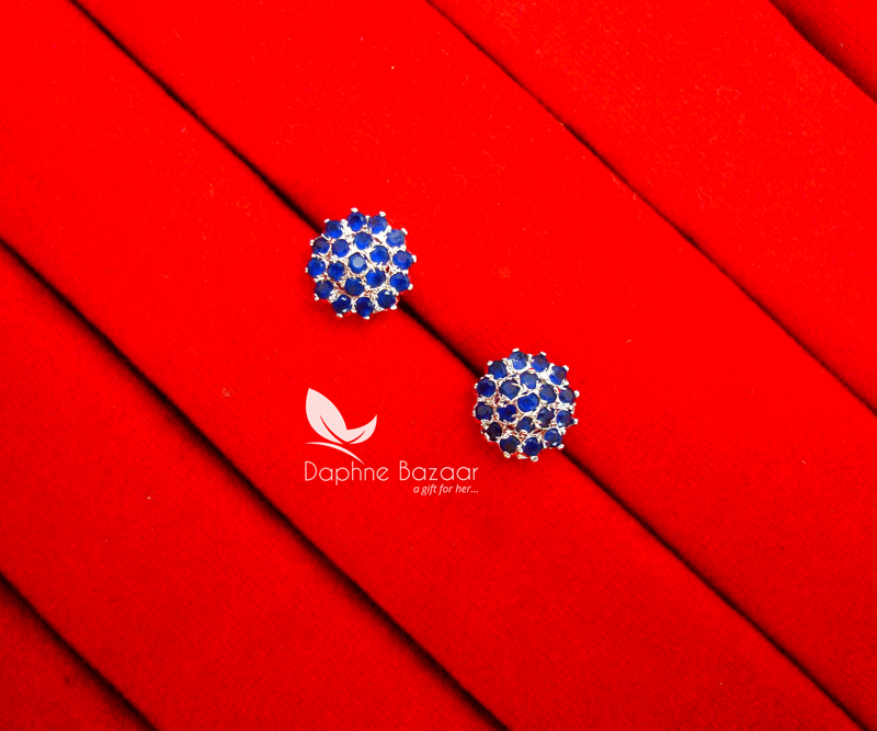 TE13, Daphne Stone Studded Flower Shape Tops Earrings-Navy Blue