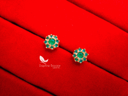TE15, Daphne Stone Studded Flower Shape Tops Earrings-Green-Medium