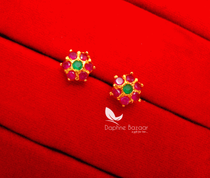 TE15, Daphne Stone Studded Flower Shape Tops Earrings-Magenta Green-Medium