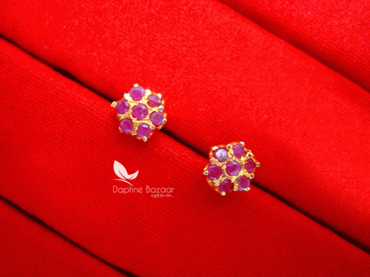 TE15, Daphne Stone Studded Flower Shape Tops Earrings-Magenta-Medium