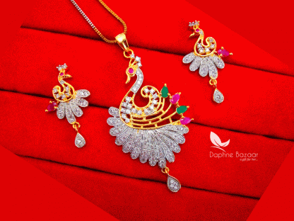 Z46, Daphne Zircon Peacock Meenakari Zircon Pendant Set For Women